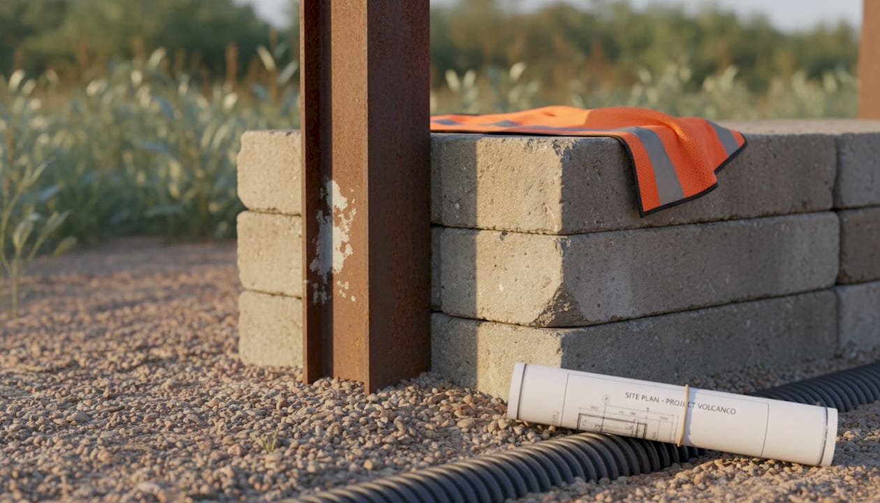 Steel post secures concrete sleepers up close