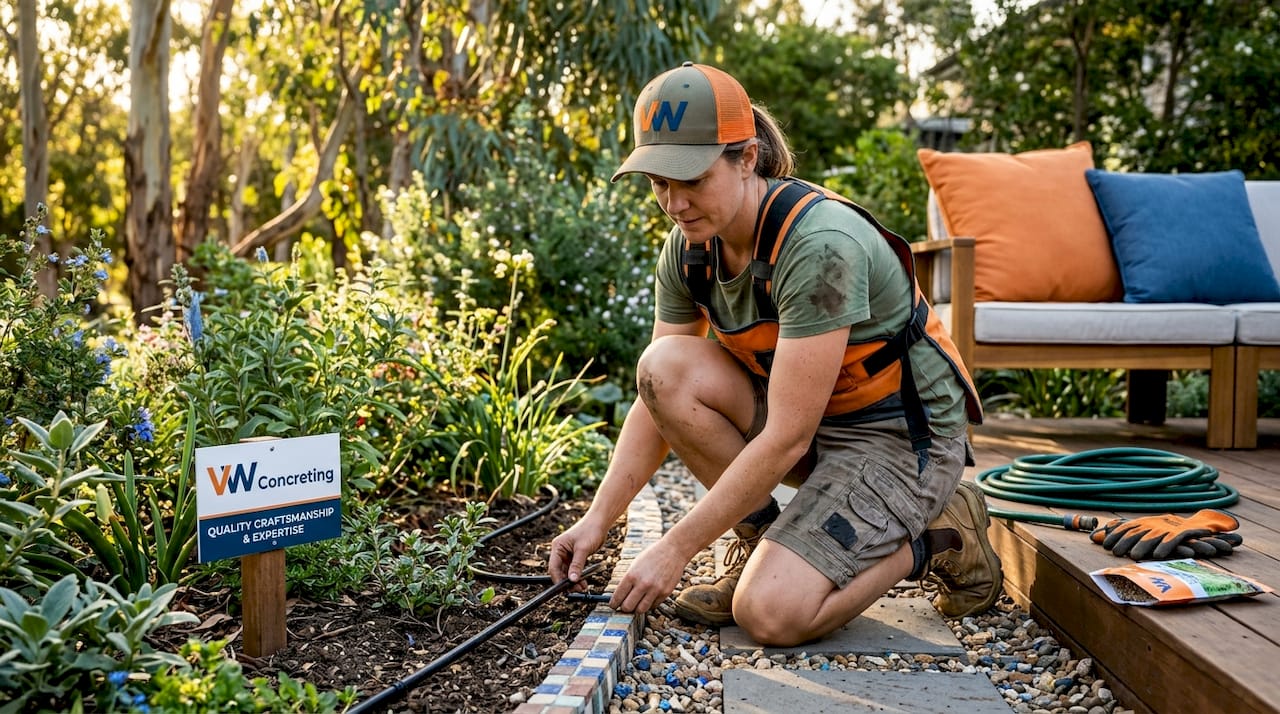 Contractor working in garden with irrigation and paving