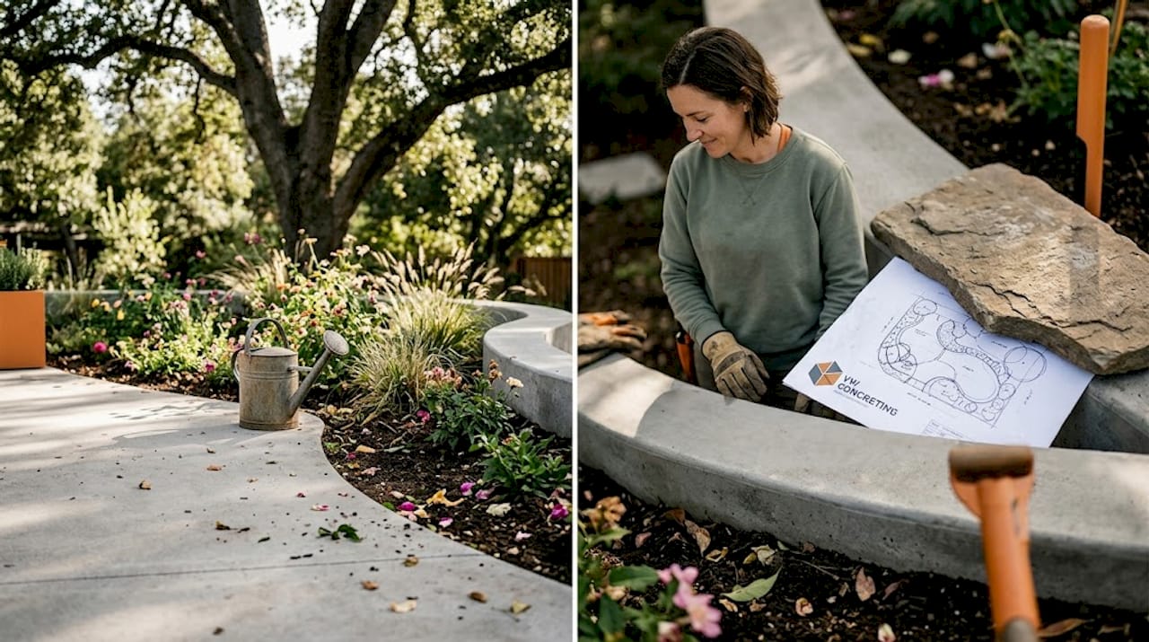 Curved concrete edging in a flower garden