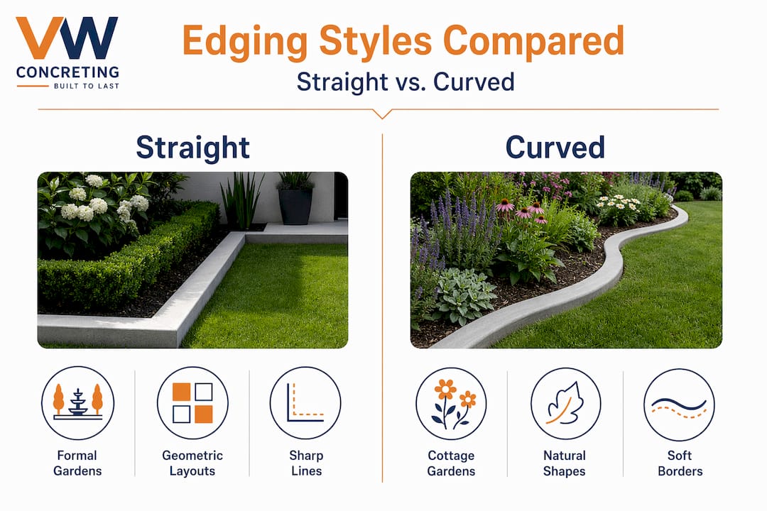 Infographic comparing straight and curved concrete edging
