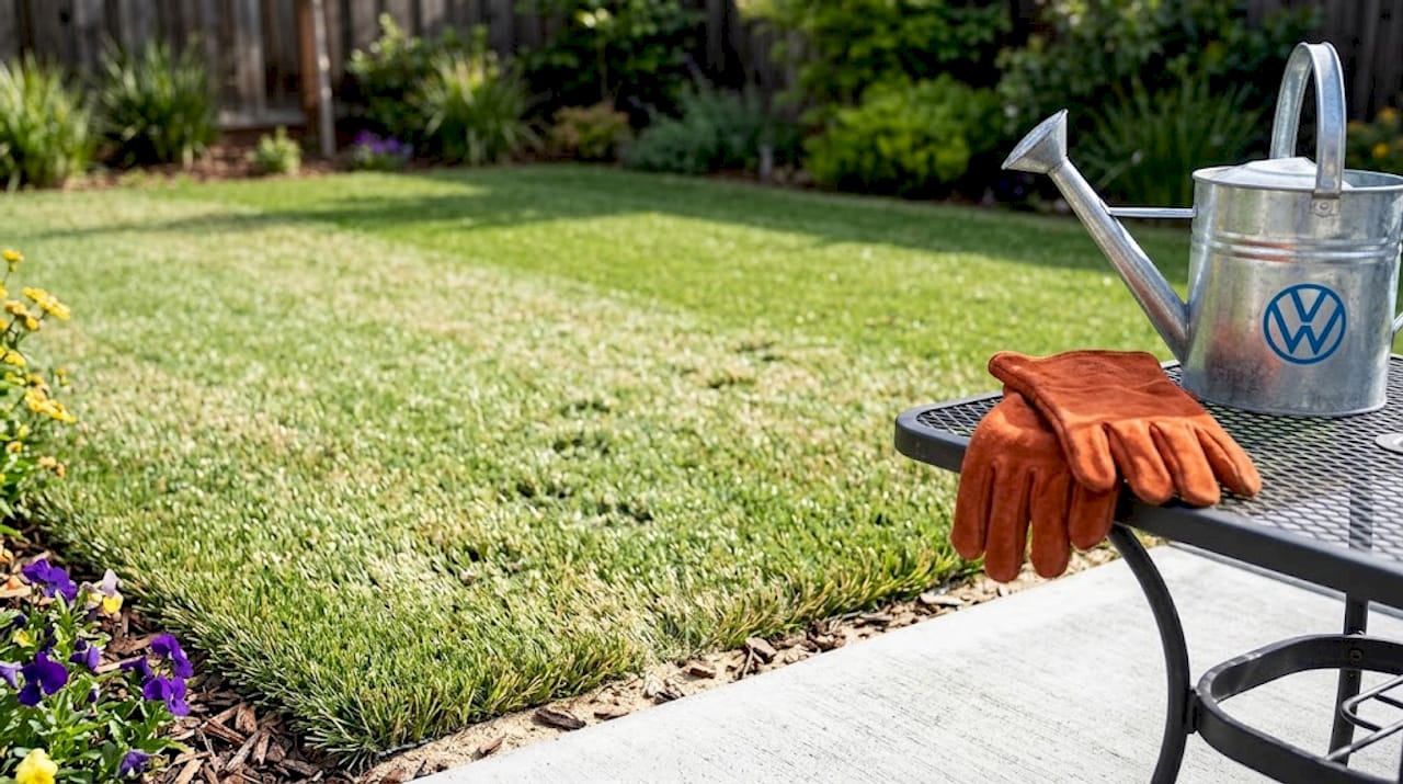 Close-up of artificial turf fibers and paver edge