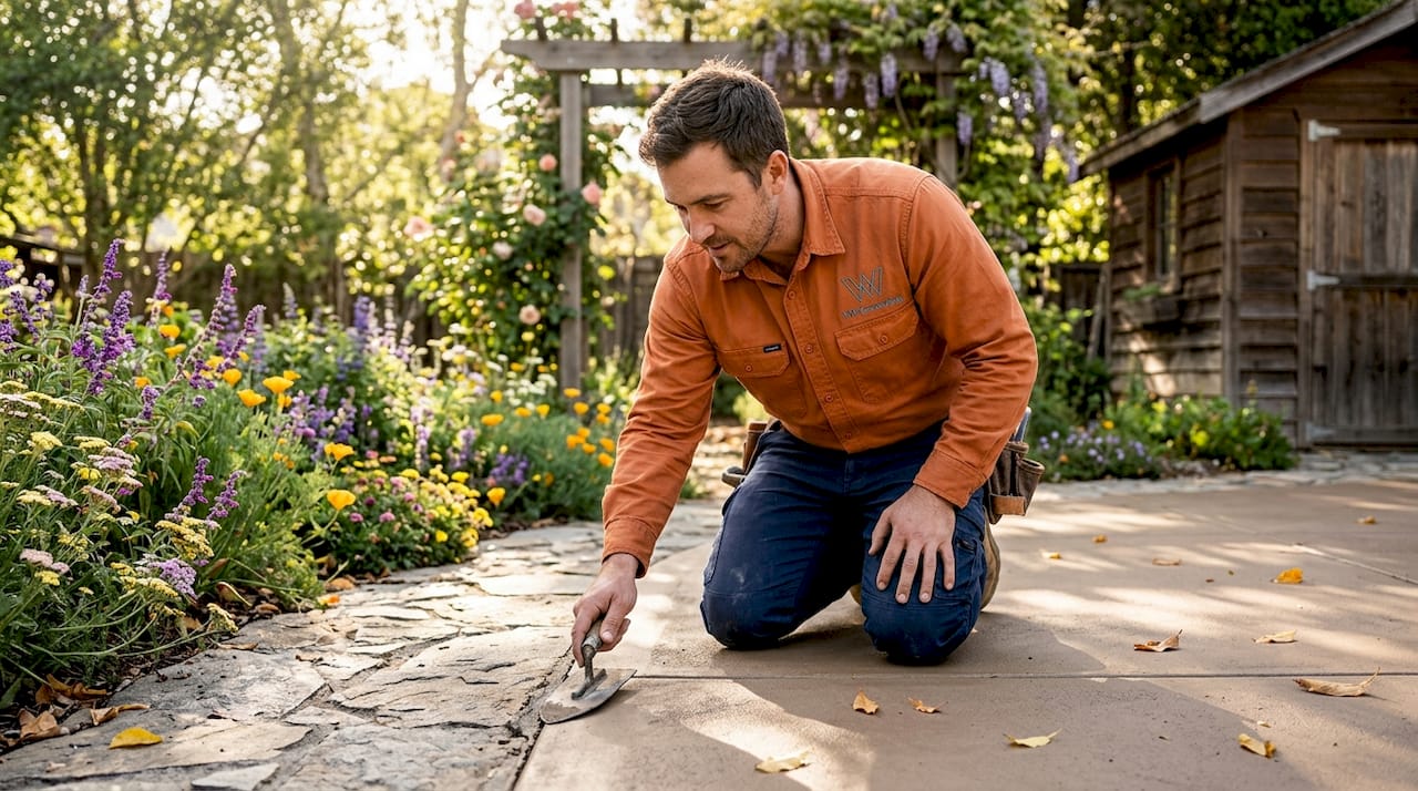 Man maintaining colored concrete near planting