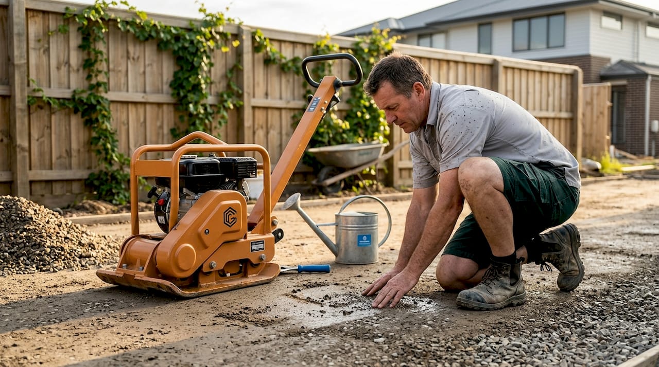 Contractor checking driveway stone moisture