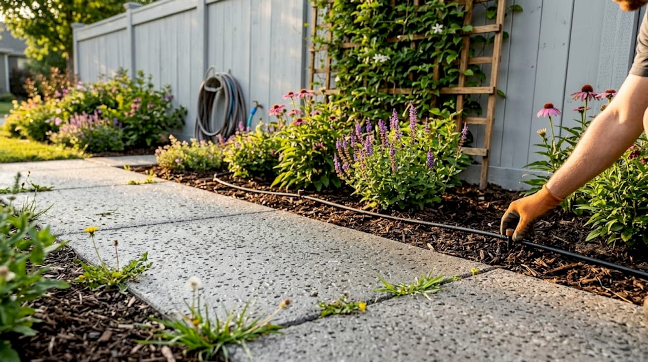 Close-up pervious concrete beside garden bed