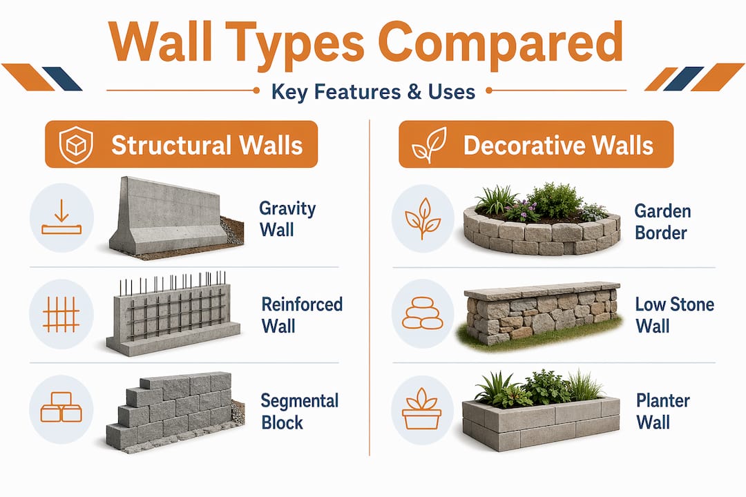 Infographic comparing structural and decorative wall types