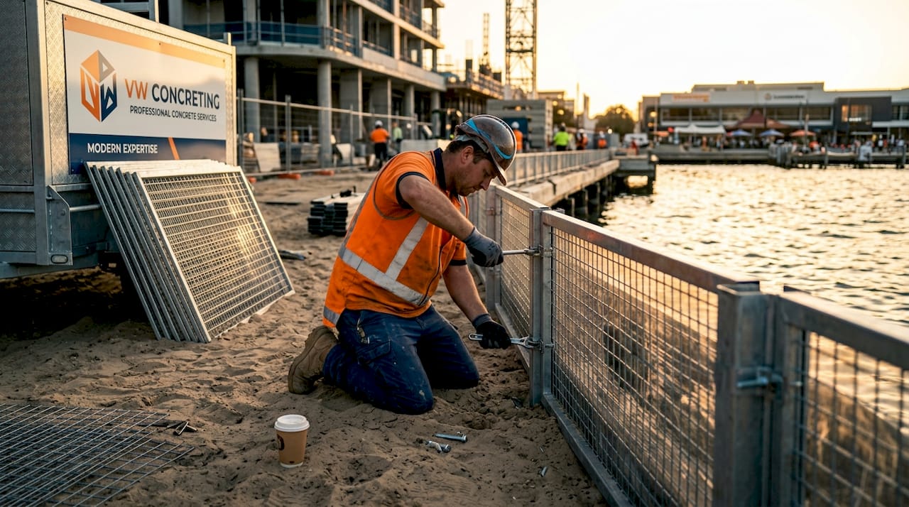 Worker installing anti-climb mesh fencing