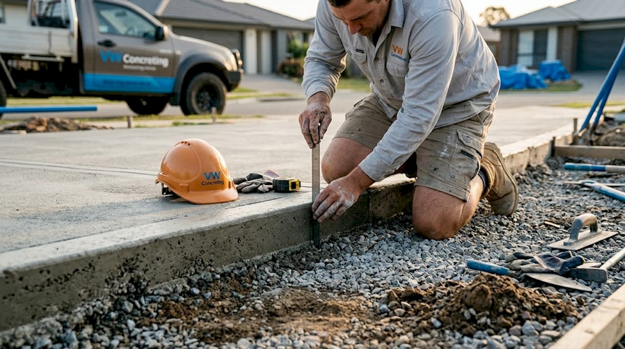 Worker measuring concrete driveway thickness