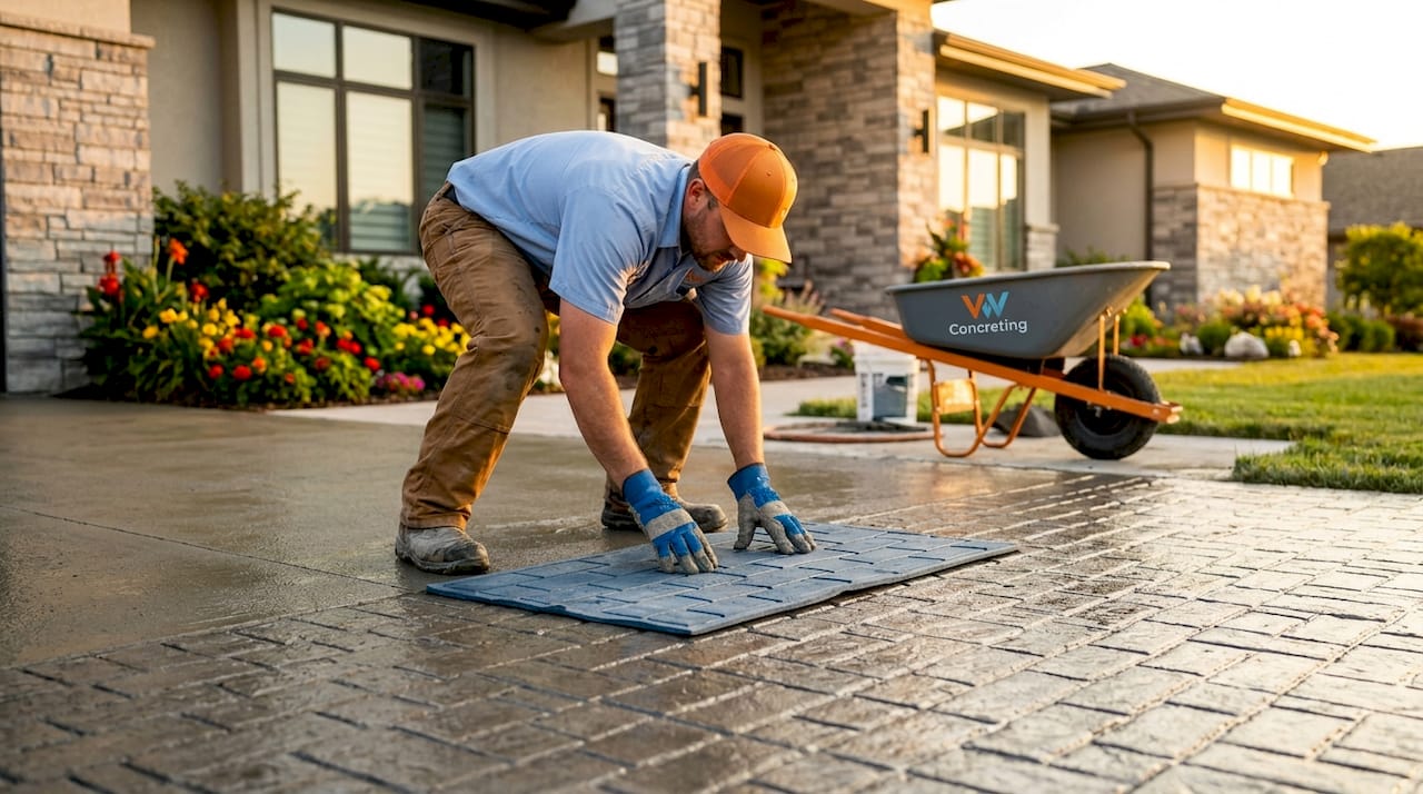 Worker stamping concrete driveway pattern
