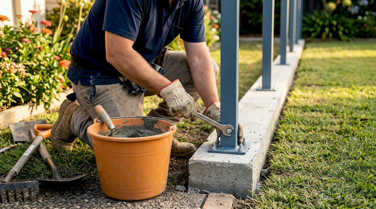 Worker securing fence post in concrete footing