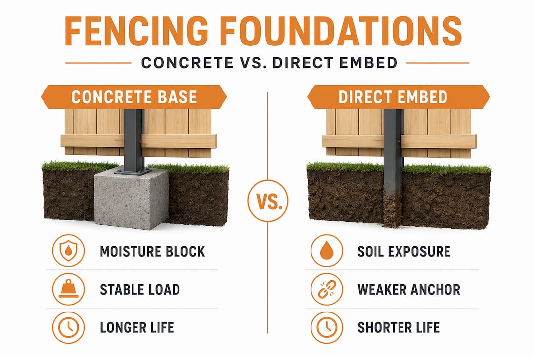 Comparison of concrete and direct embed fencing bases