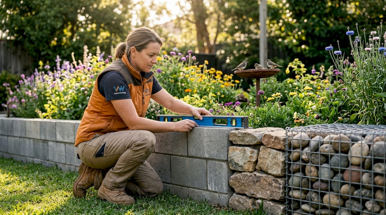 Contractor inspects gravity wall construction materials