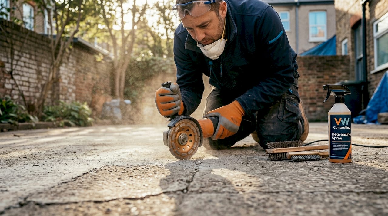Concrete surface prep with grinder and tools
