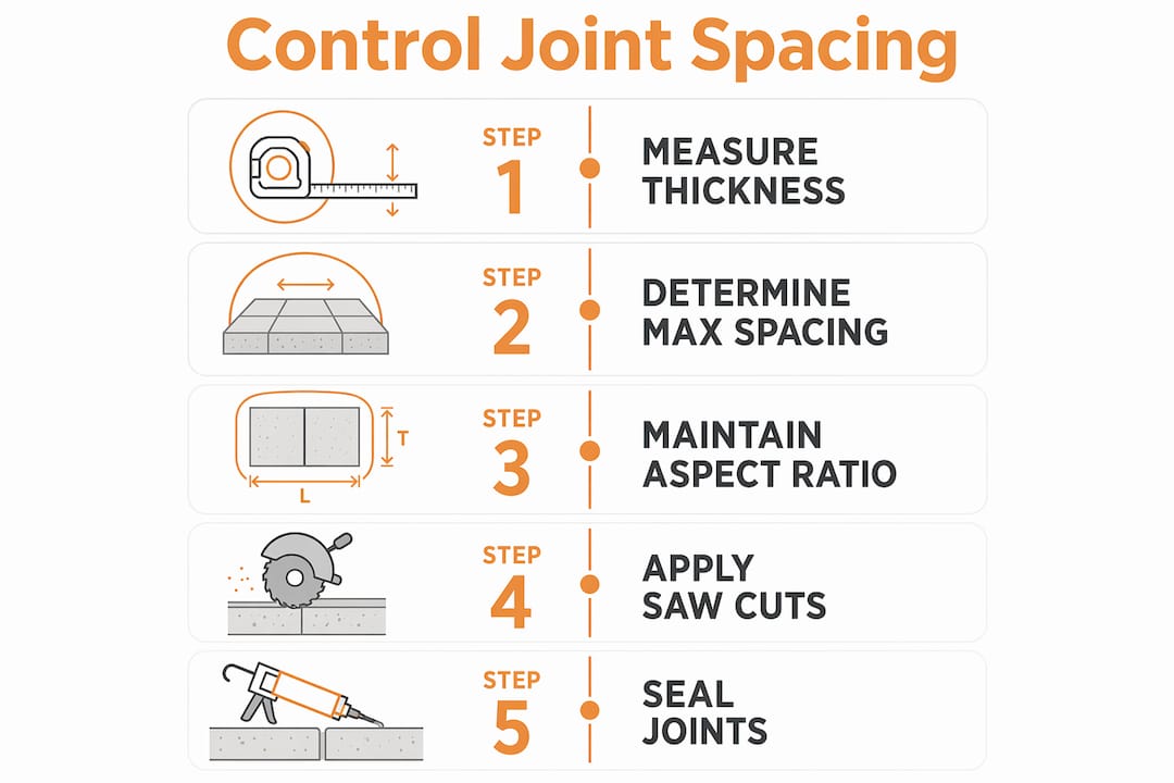 Infographic illustrating control joint spacing and layout steps