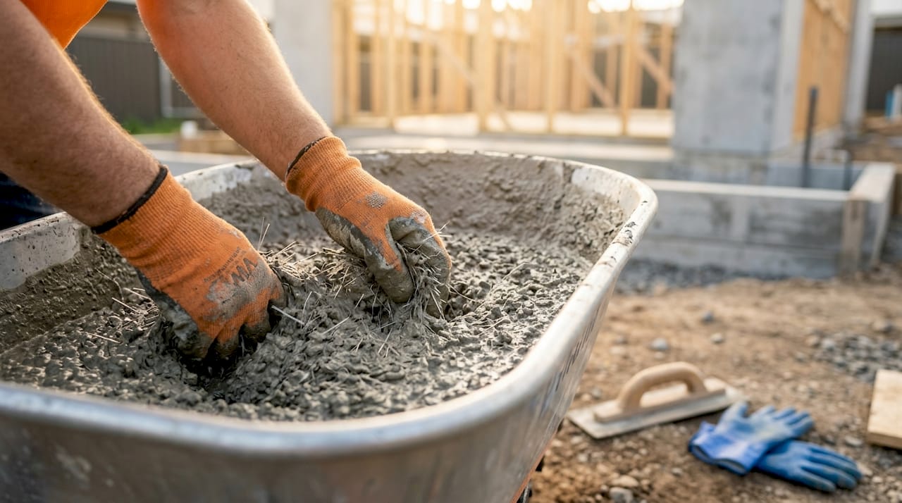 Close-up of polypropylene fibers mixed into concrete