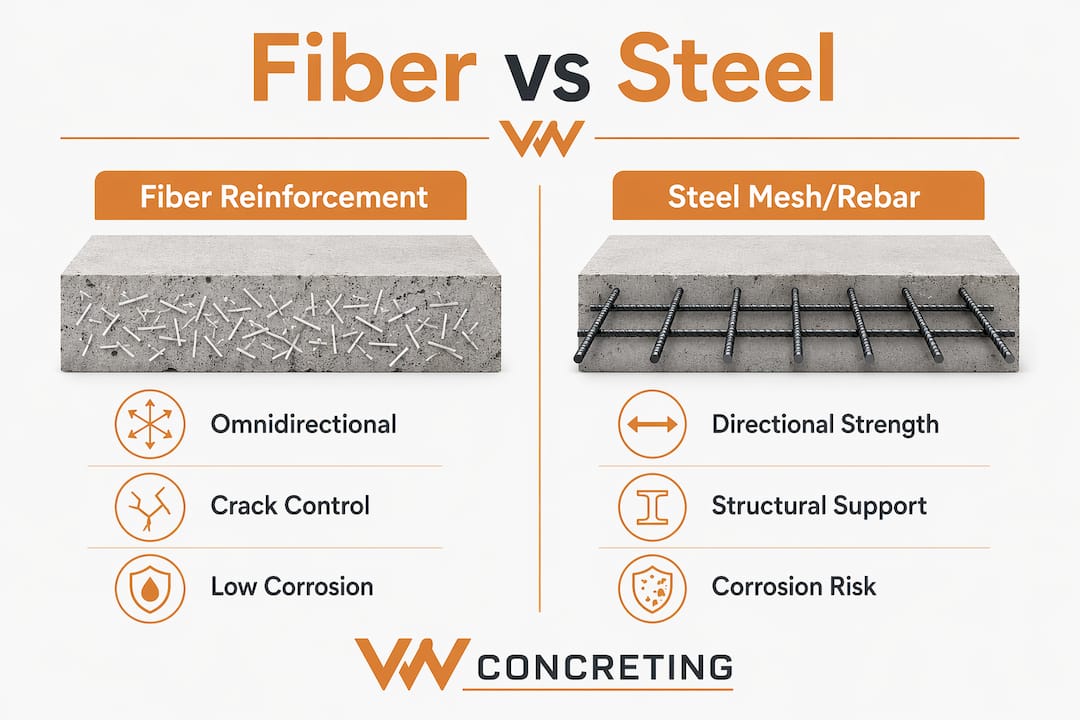 Infographic comparing fiber and steel reinforcement benefits