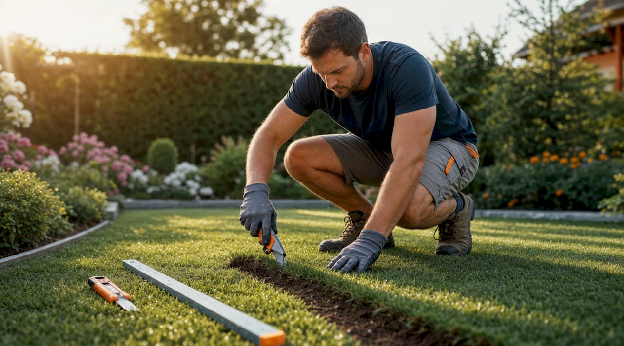 Hands unrolling artificial turf on driveway
