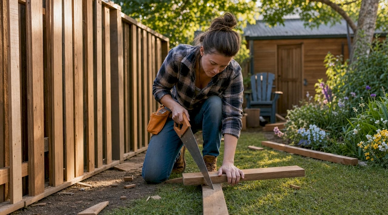 Carpenter installing hardwood timber fence
