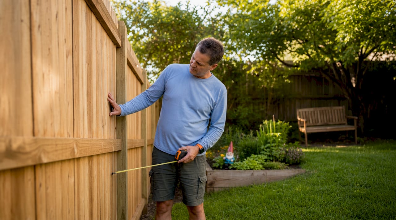 Homeowner inspecting timber fence in backyard
