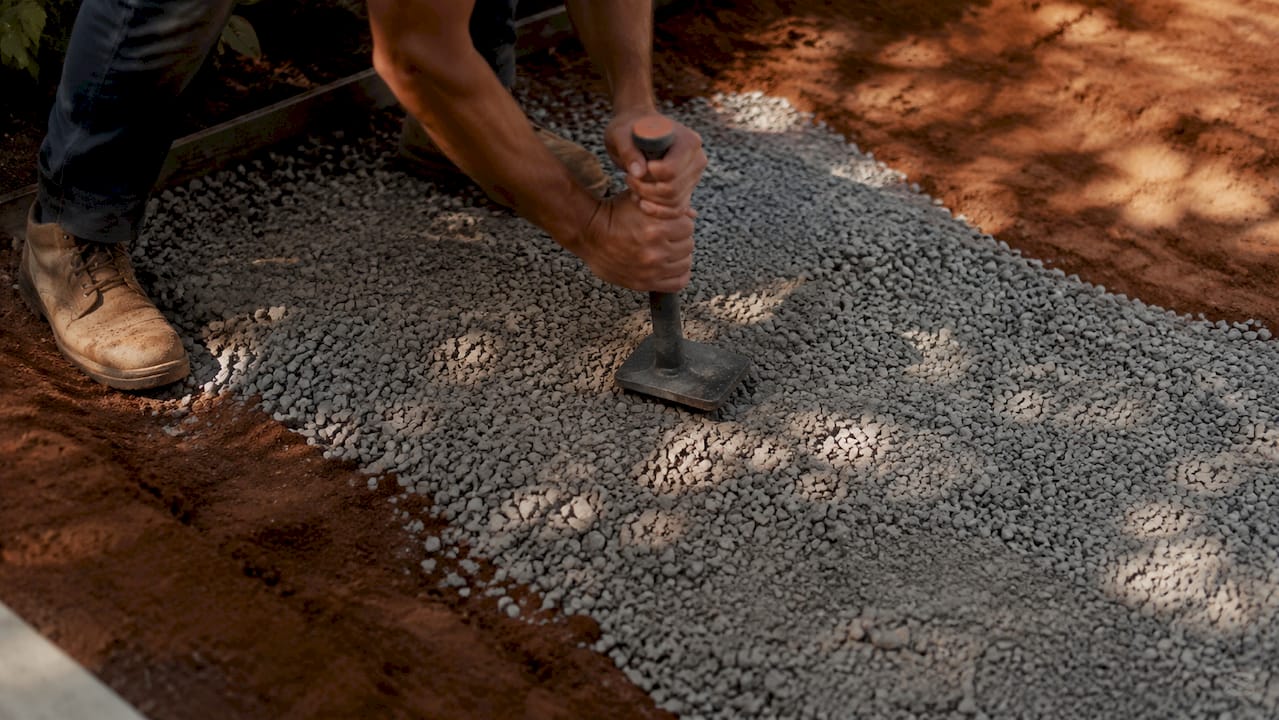 Hands compacting crushed rock base on clay soil