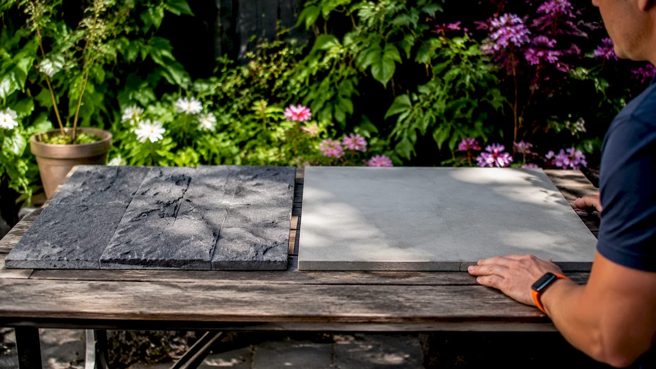 Close-up of slate and plain concrete surface textures
