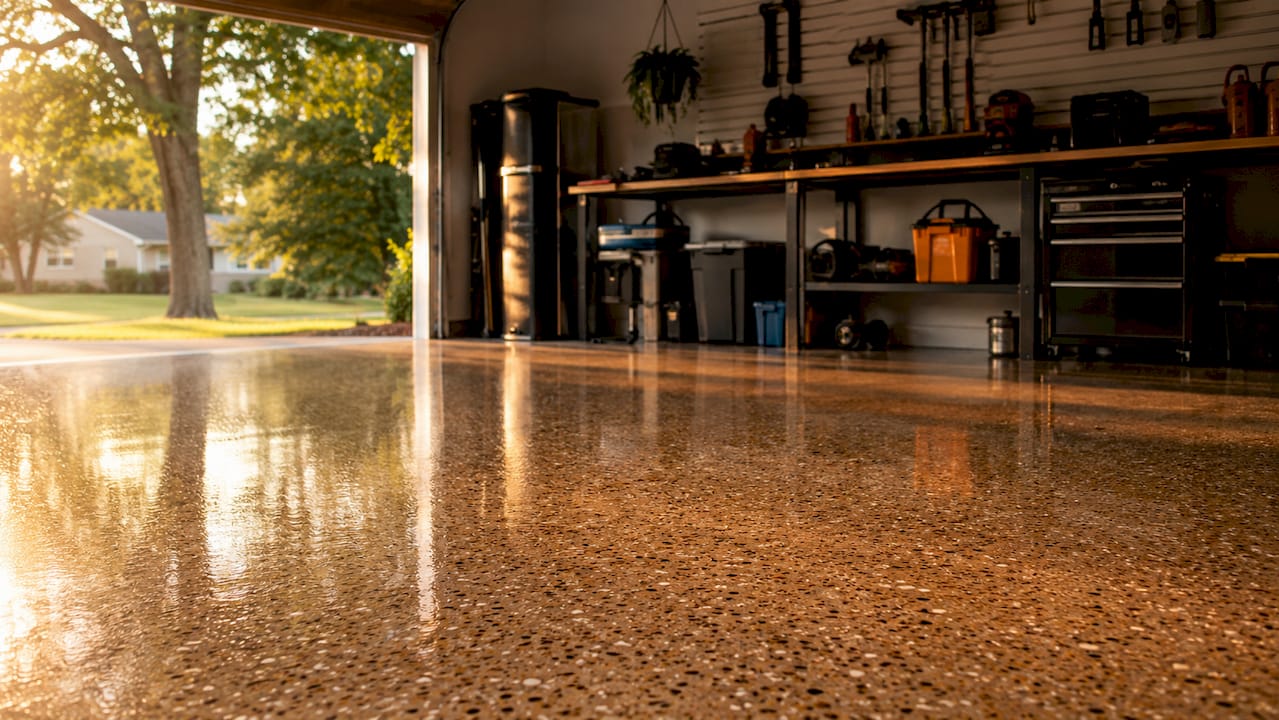 Close-up decorative flake epoxy garage floor