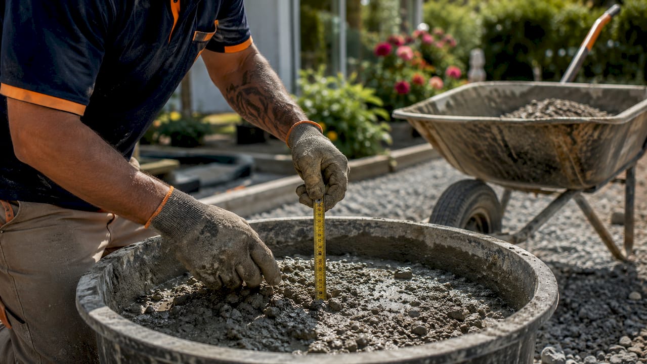 Hands mixing air-entrained concrete outdoors