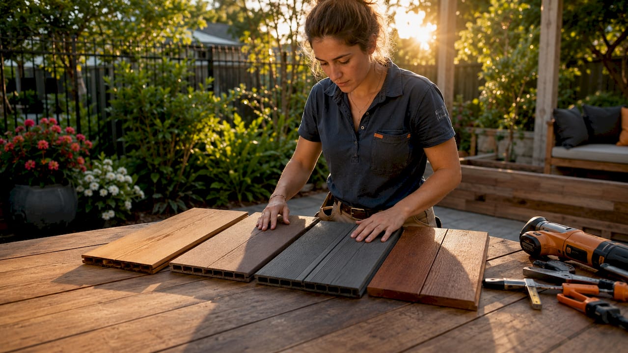 Close-up of hands comparing decking material samples