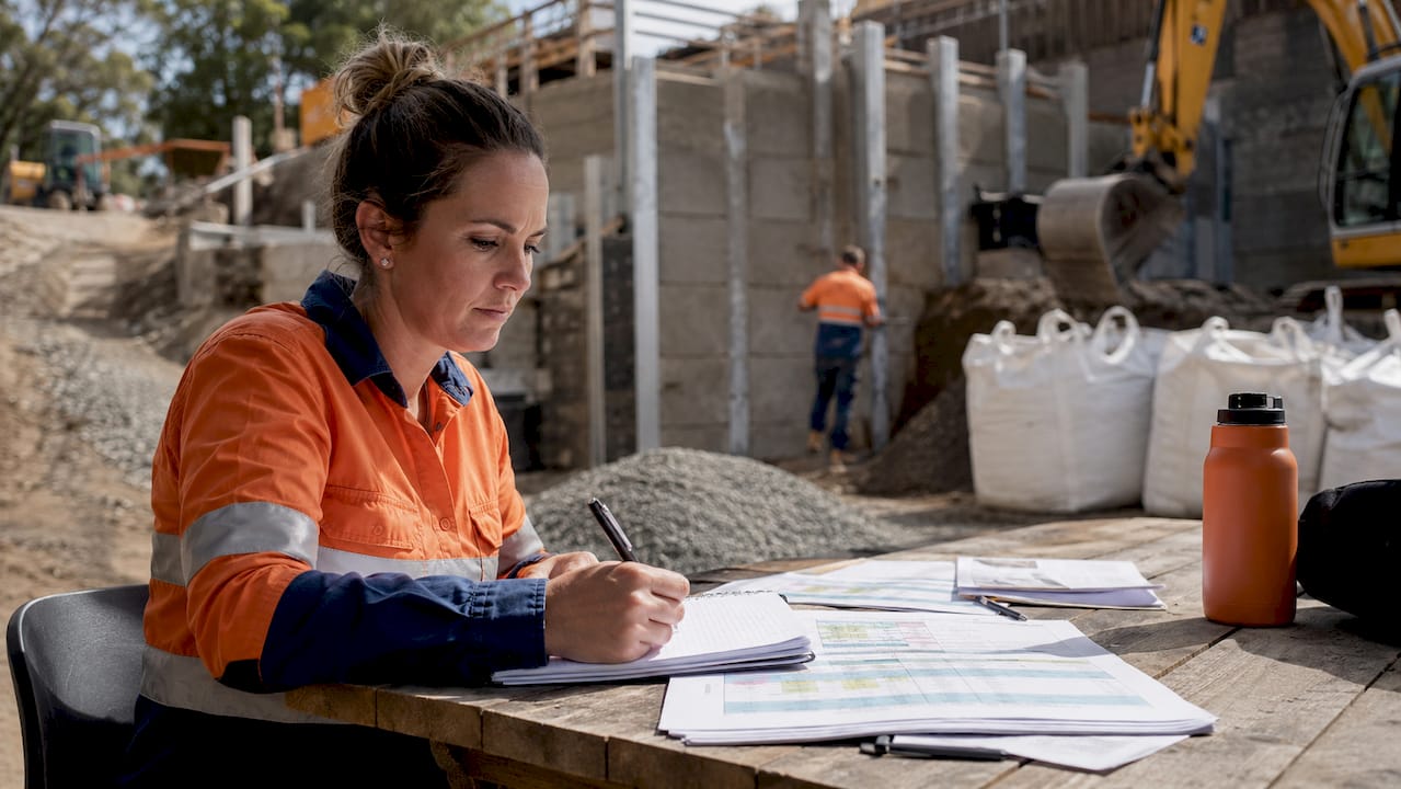 Female contractor coordinating retaining wall site activities
