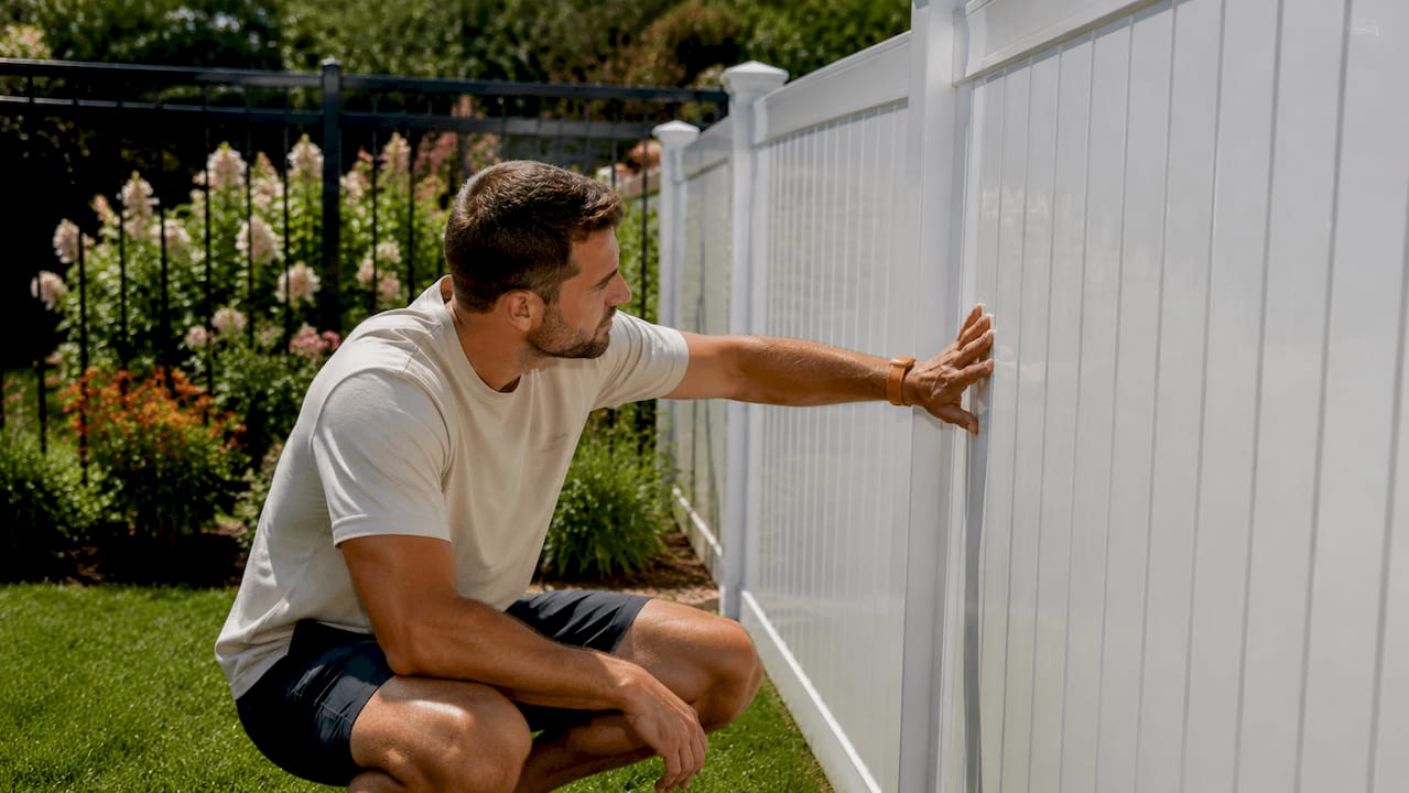 Hands inspecting white vinyl fence in front yard