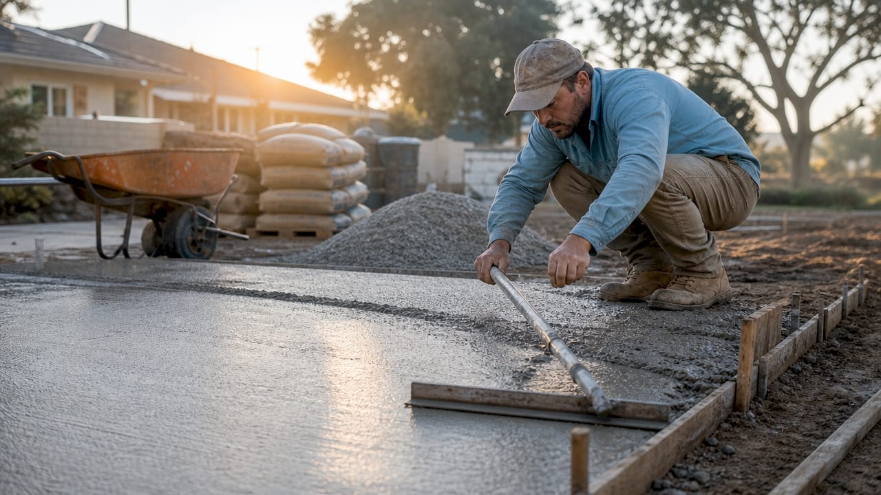 Worker leveling wet concrete slab with screed