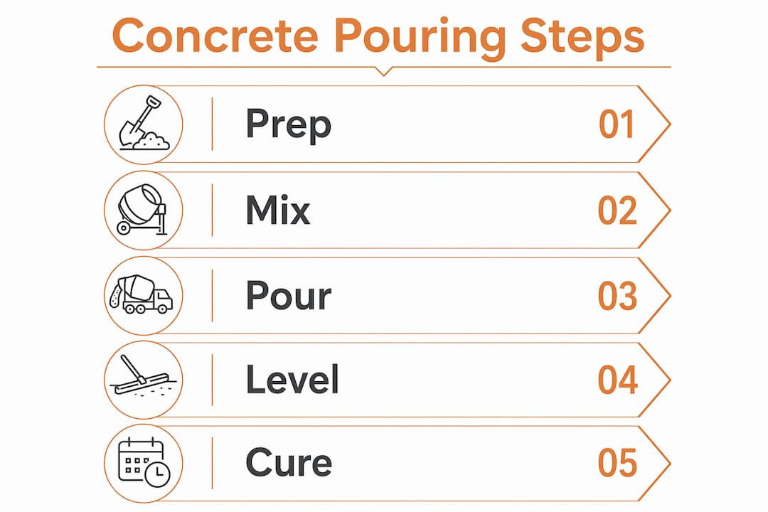 Infographic outlining five concrete pouring steps