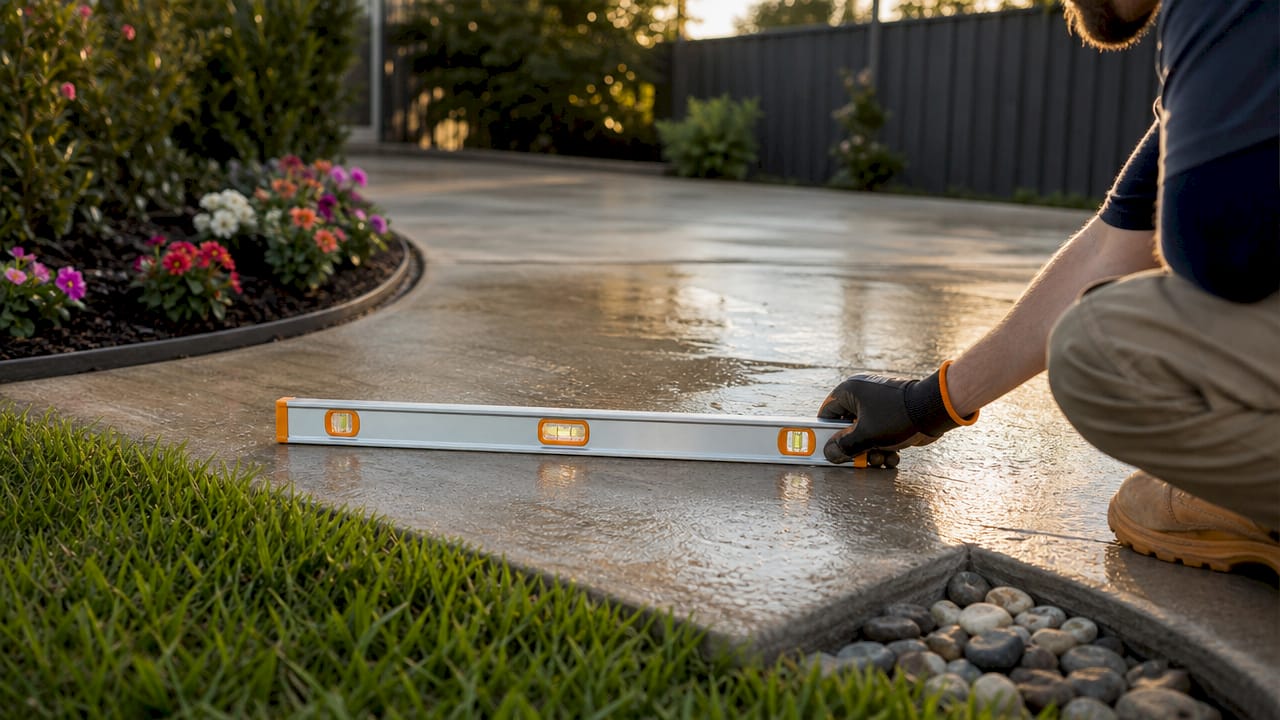 Close-up of concrete surface with water pooling near drain
