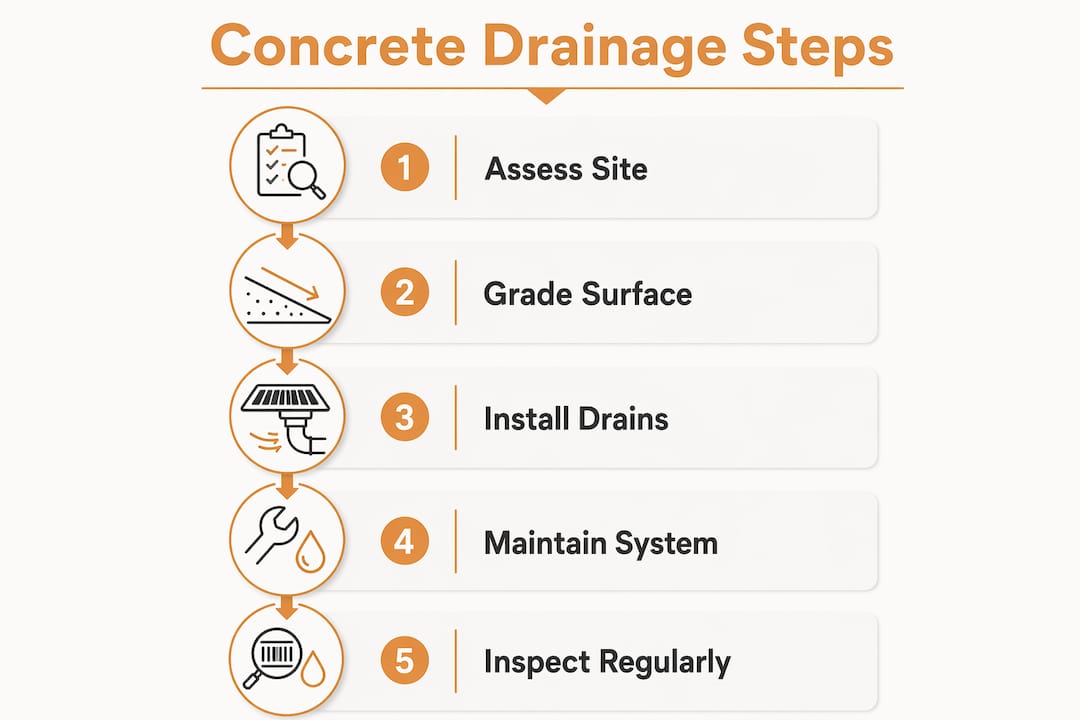 Infographic illustrating key drainage steps for concrete