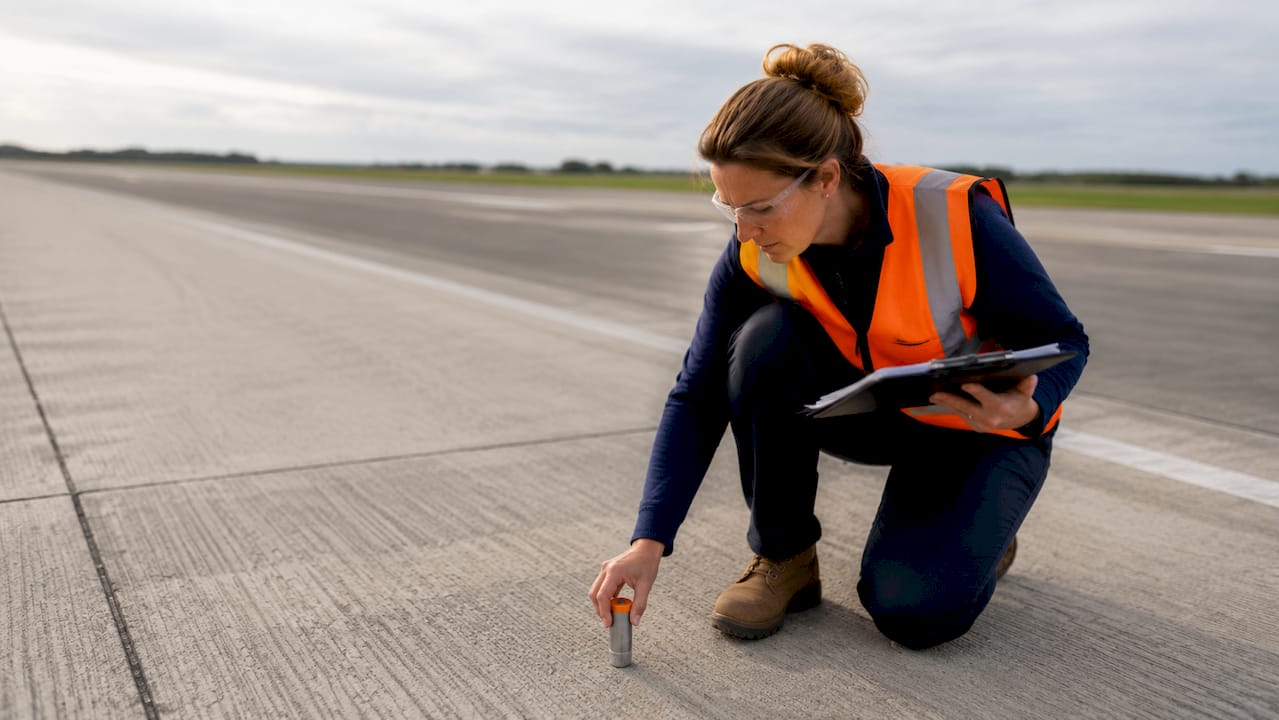 Inspector examining airport runway concrete surface