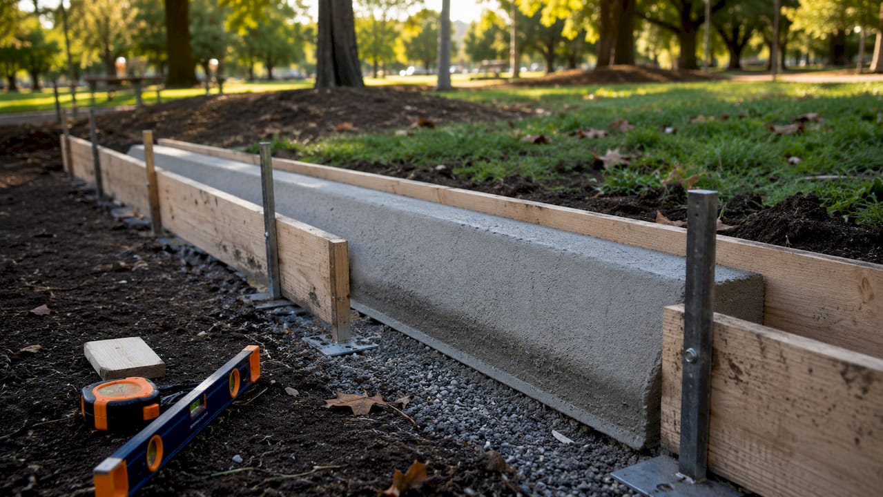 Close-up of concrete kerb installation cross section