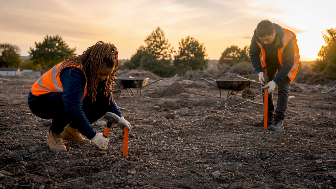 Workers marking fence line with stakes and string