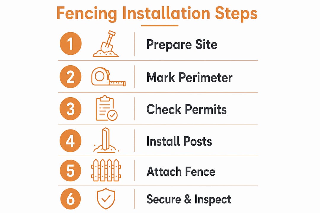 Infographic with numbered fencing installation steps