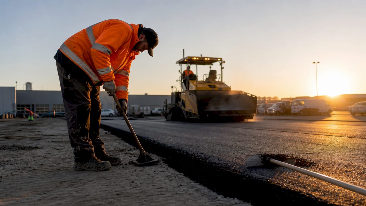 Worker smoothing asphalt in parking lot paving