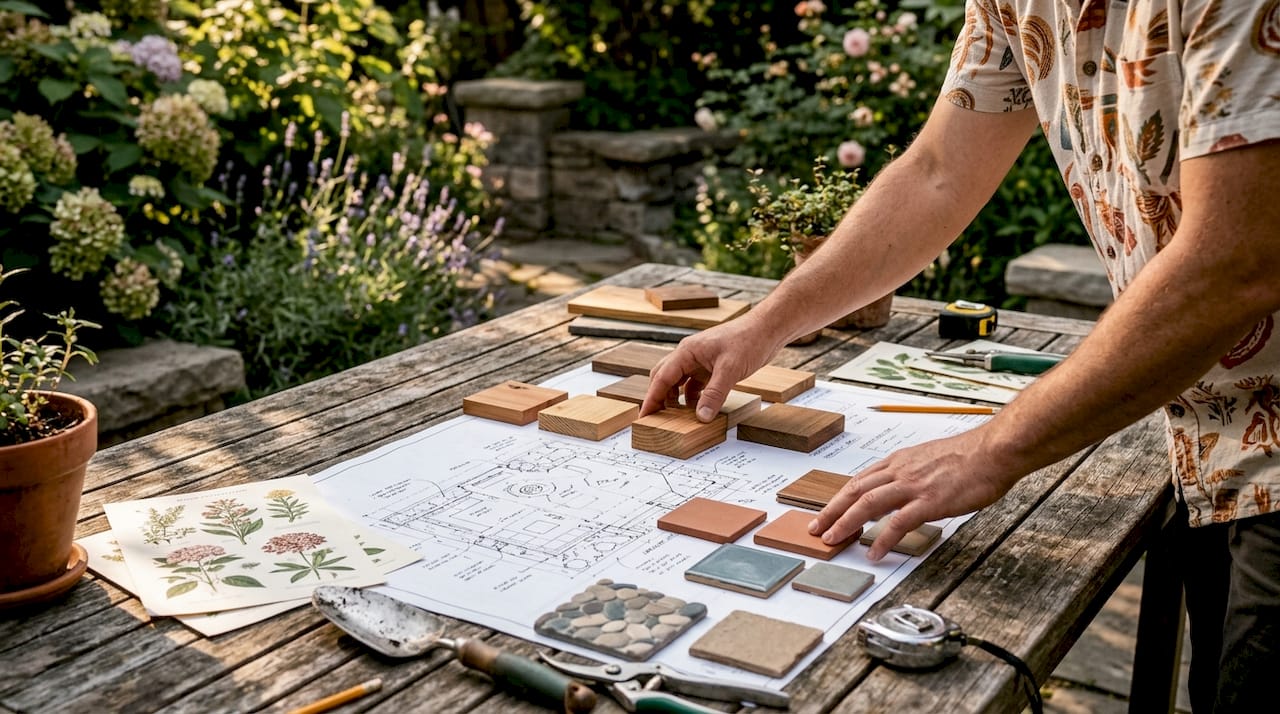 Hands arranging material samples for outdoor zones