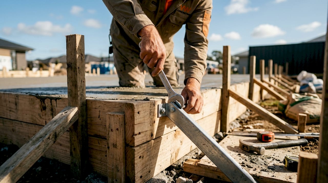 Close-up hands tightening edge form bracing on slab
