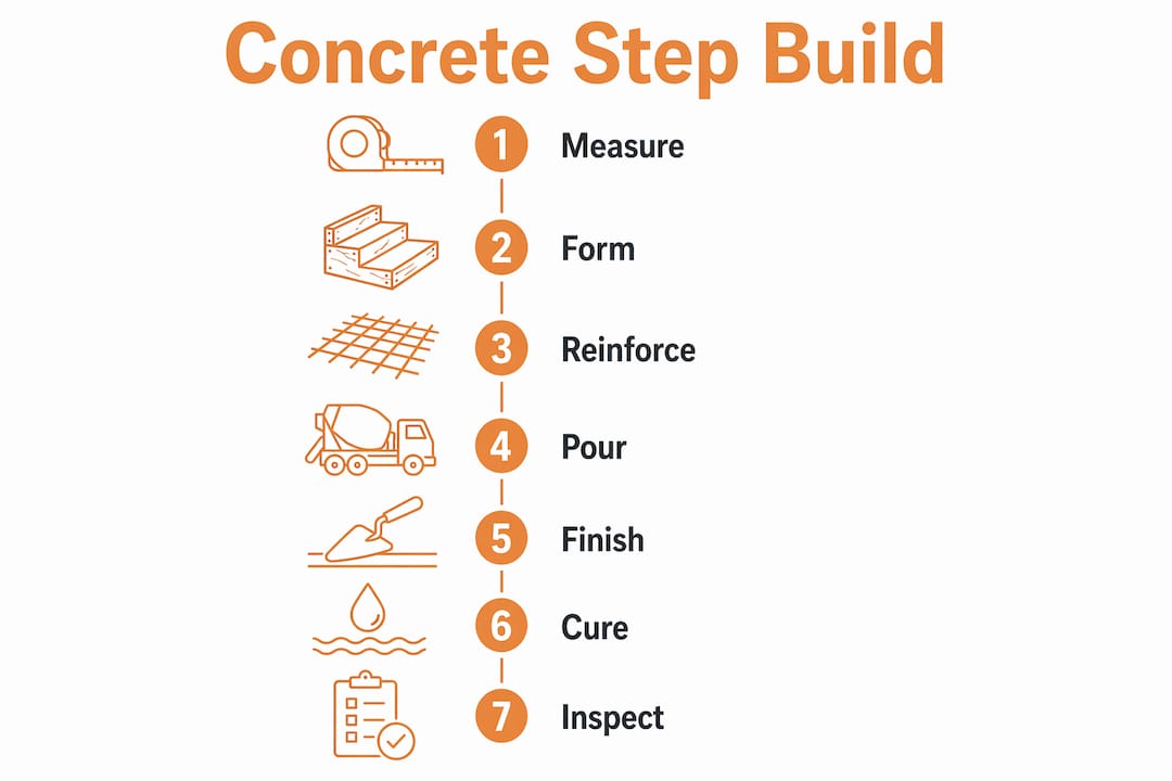 Infographic illustrating concrete step building steps