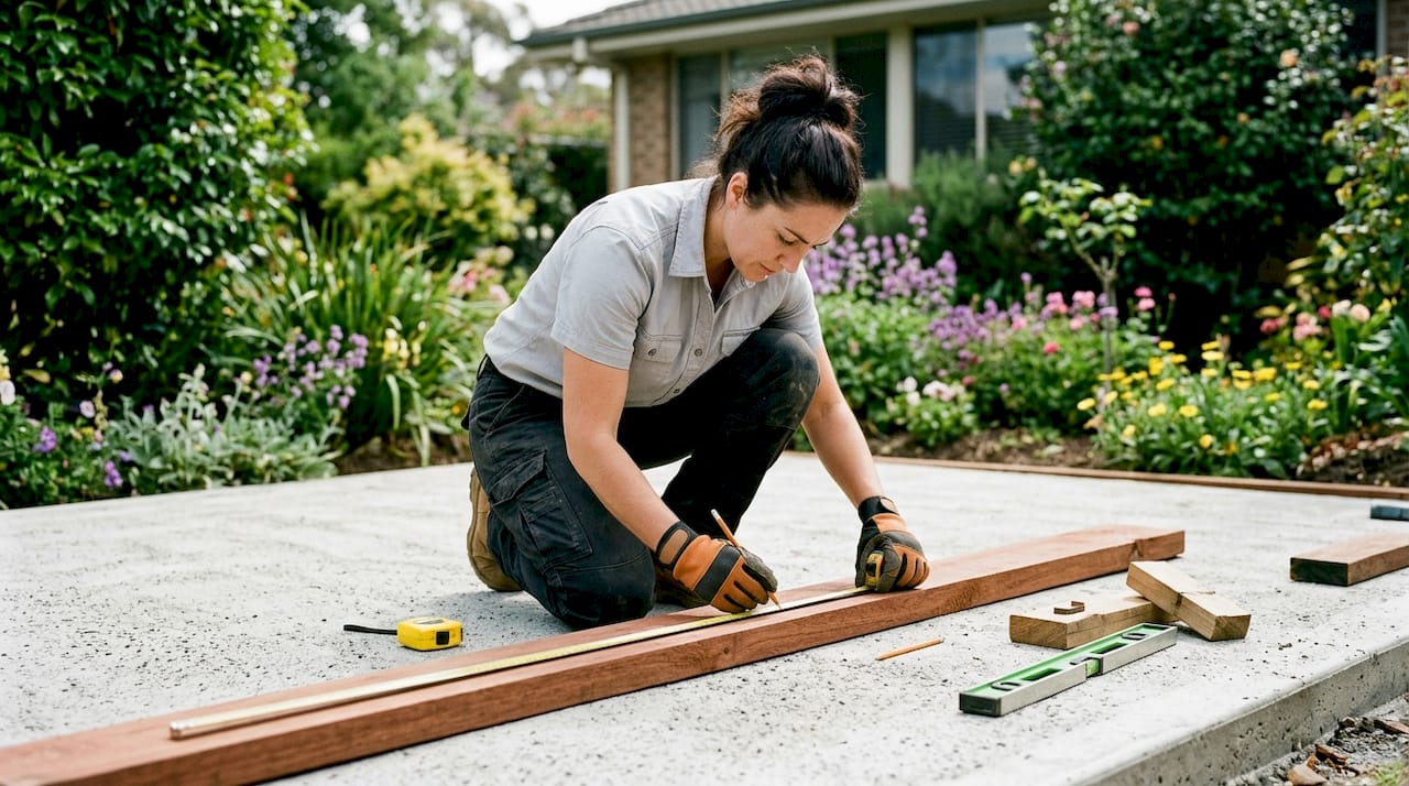 Hands marking sleeper board on concrete slab