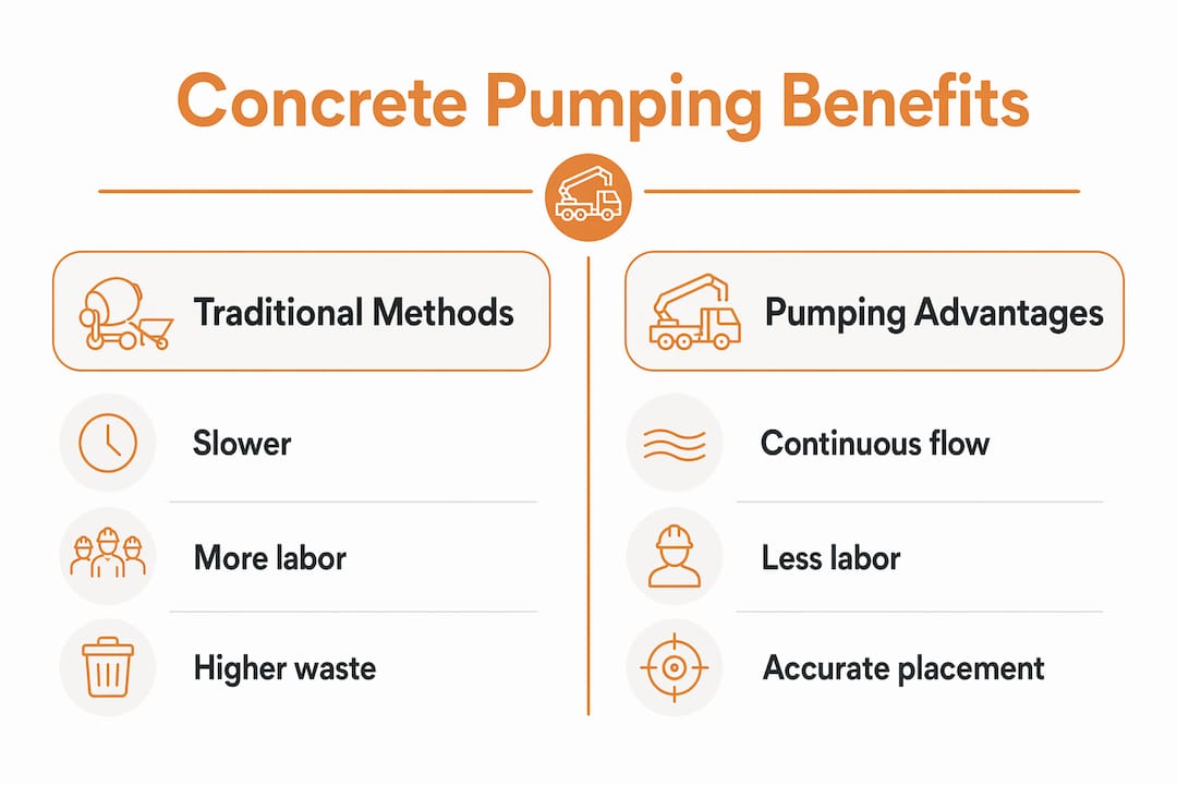 Infographic comparing concrete pumping benefits versus traditional methods