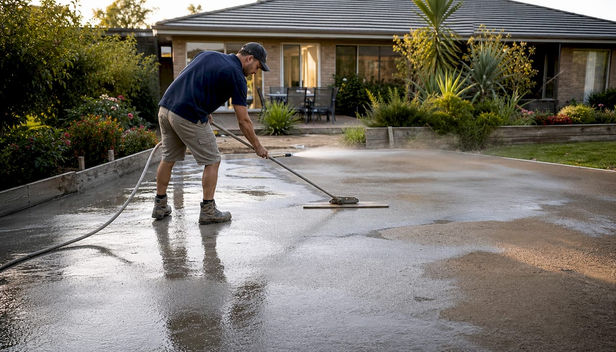 Concrete worker smoothing colored driveway surface