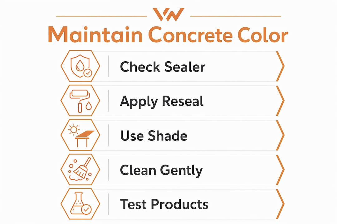 Infographic illustrating steps to maintain outdoor concrete color