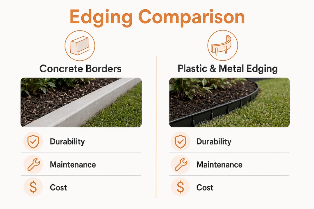 Comparison infographic of concrete and plastic metal edging