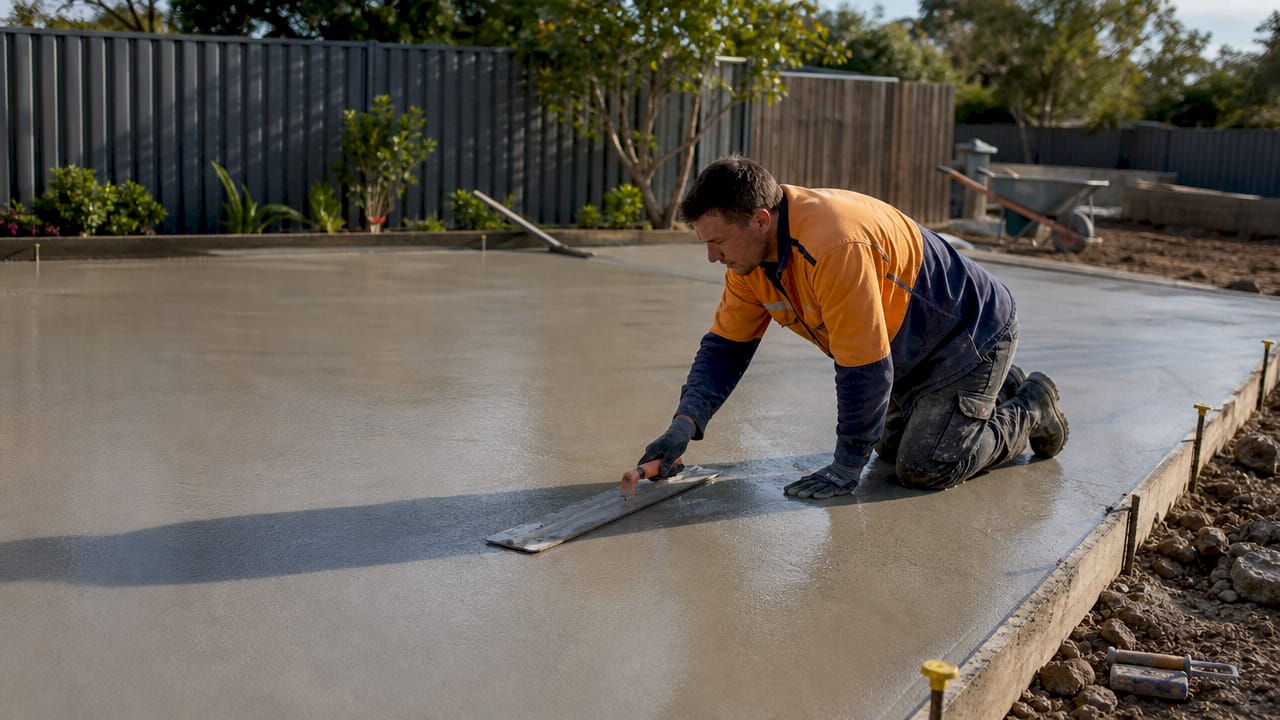 Worker carefully finishing wet concrete slab outdoors