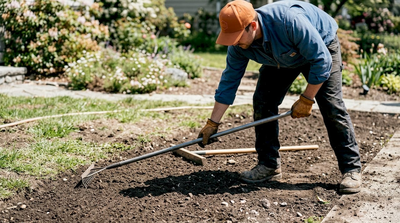 Contractor grading soil slope for pathway