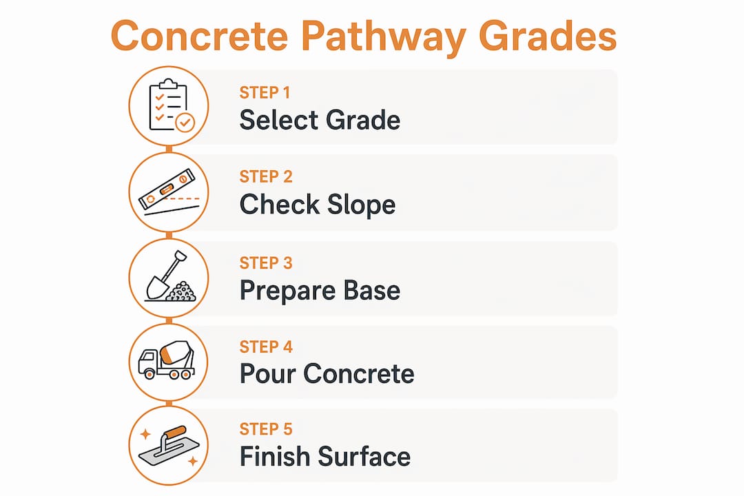 Infographic illustrating five steps for concrete pathway grading