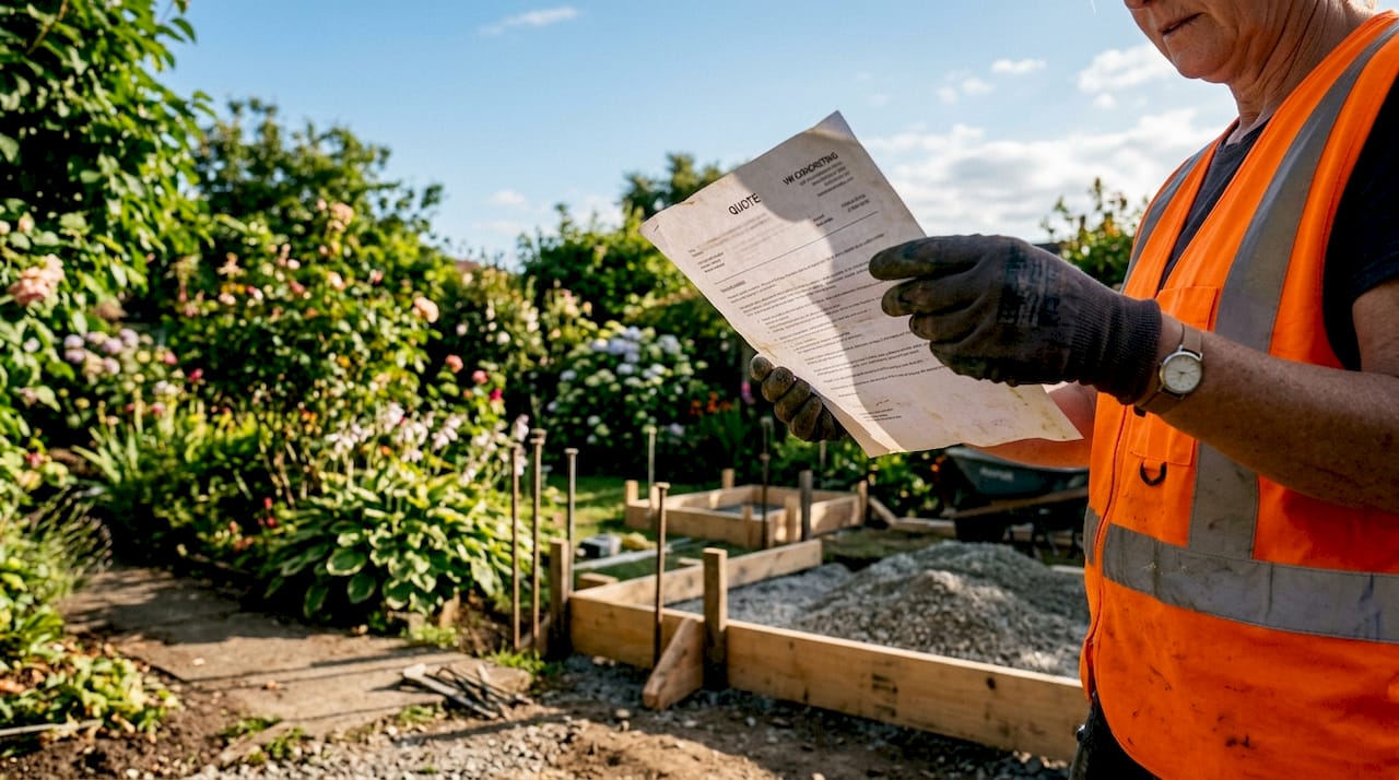 Contractor holding detailed concrete quote paper outdoors